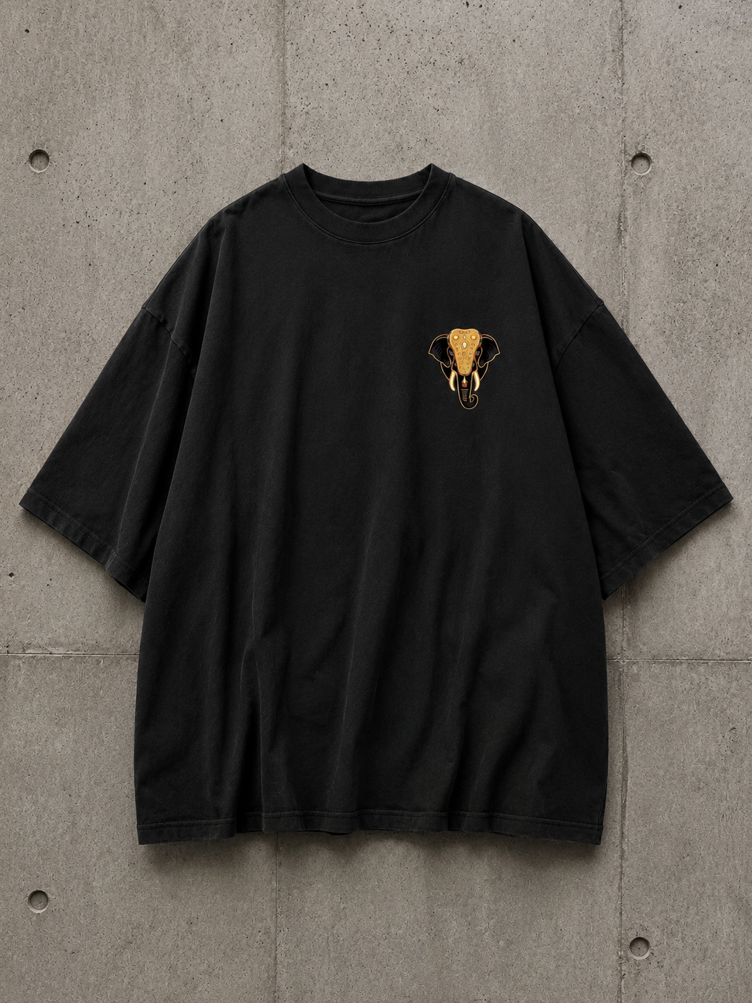 Pooram Oversized Tee — Vintage Golden Elephant Graphic T‑Shirt