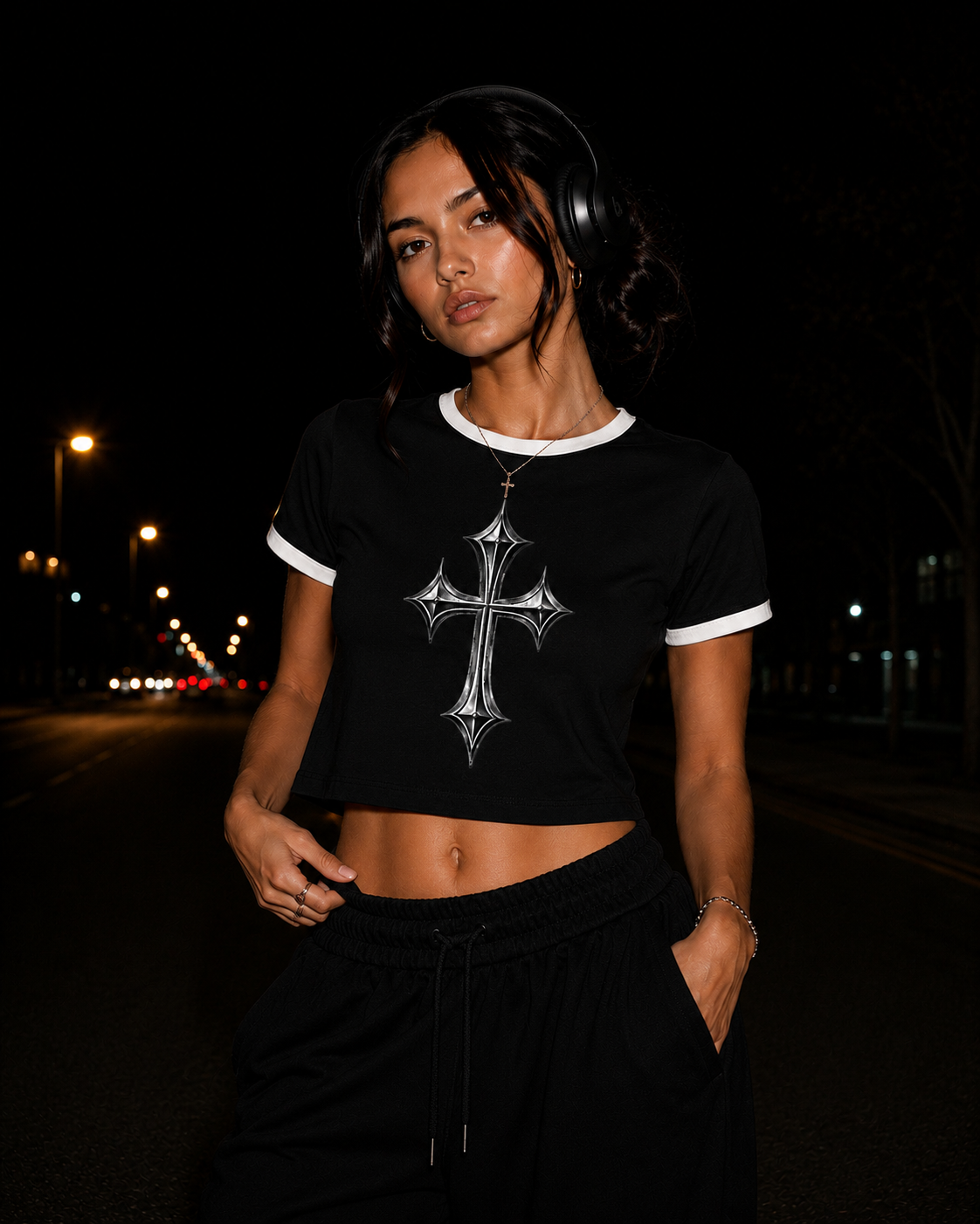Women's Ringer Tee — Gothic Silver Cross Graphic Shirt