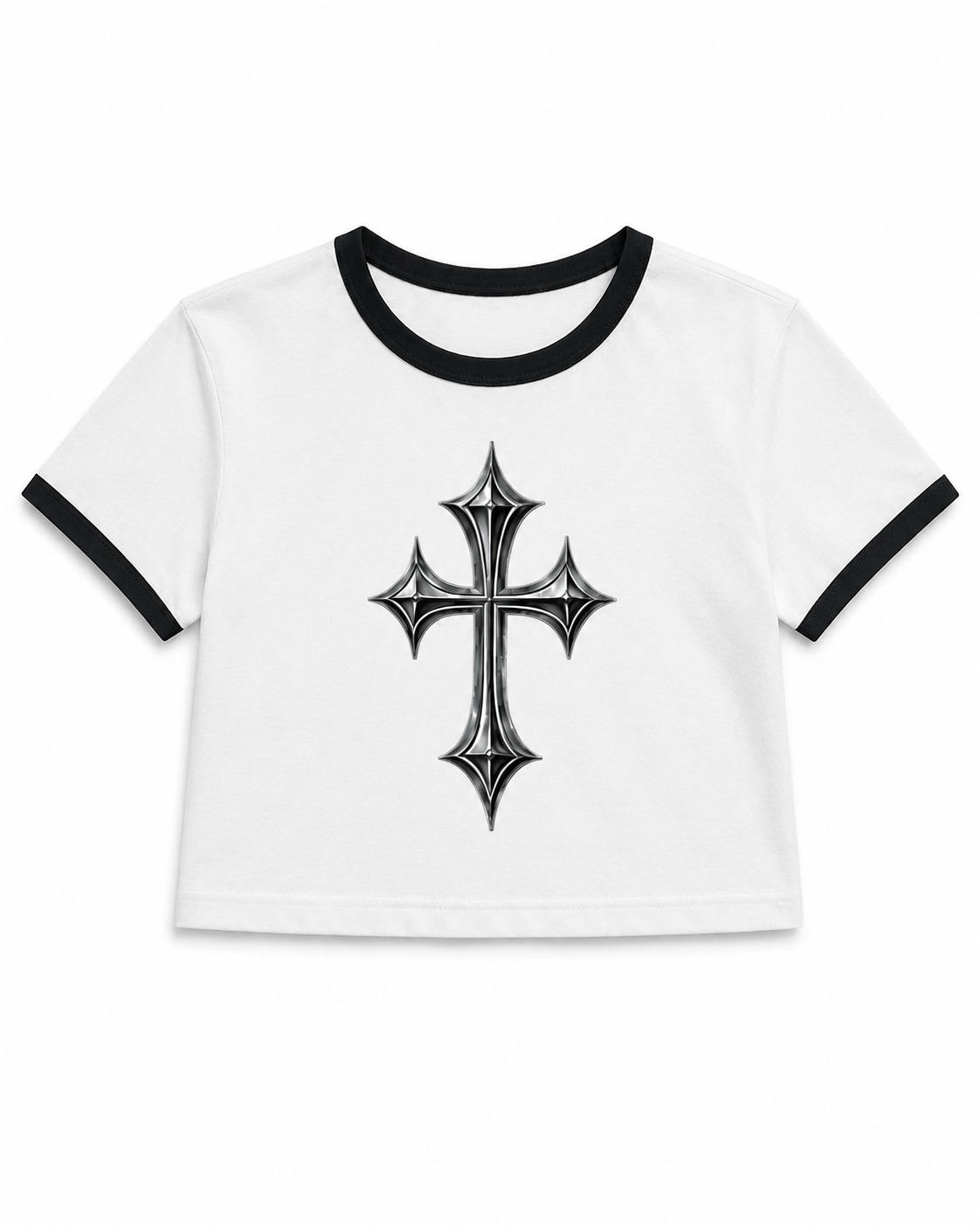 Women's Ringer Tee — Gothic Silver Cross Graphic Shirt