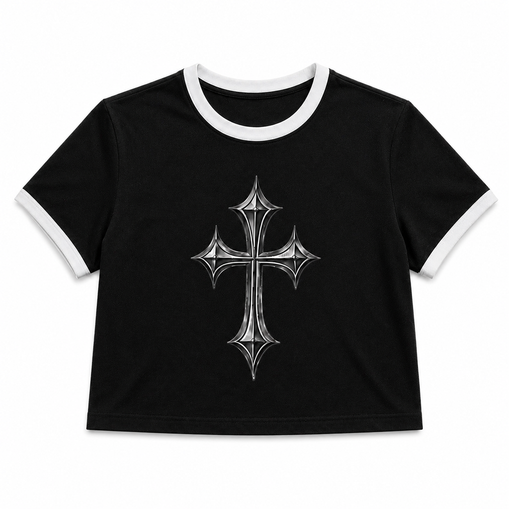 Women's Ringer Tee — Gothic Silver Cross Graphic Shirt