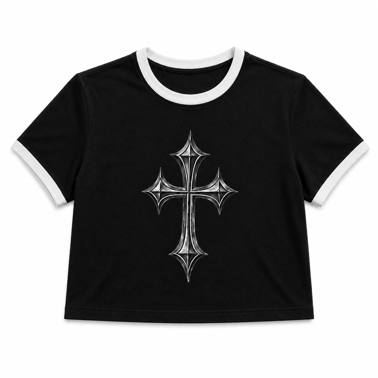 Women's Ringer Tee — Gothic Silver Cross Graphic Shirt