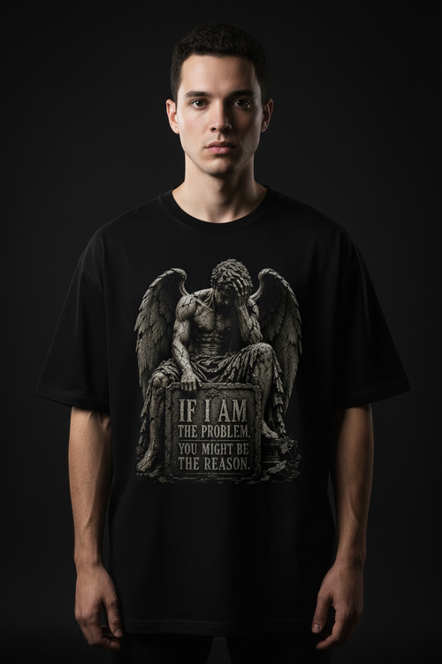 Gothic Angel Statue Tee — "If I Am The Problem You Might Be The Reason" Oversized Boxy T-Shirt