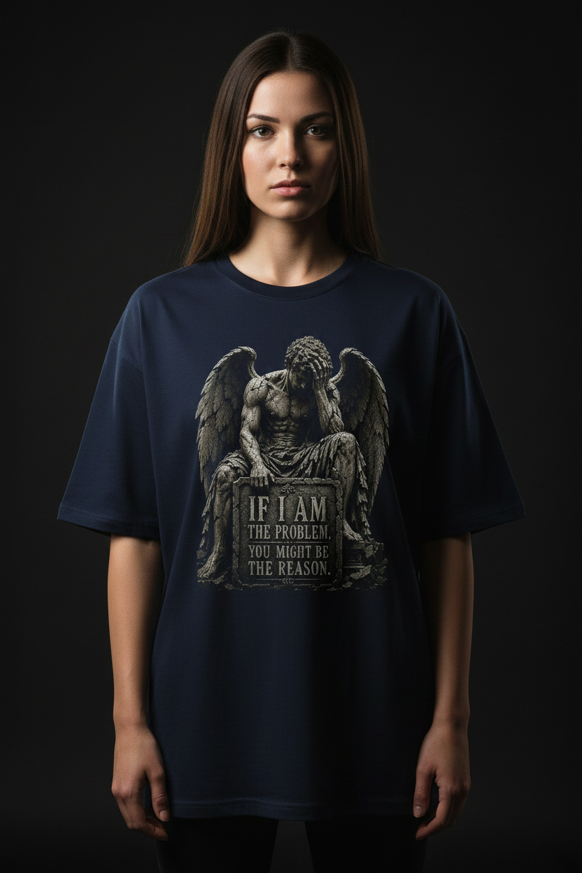 Gothic Angel Statue Tee — "If I Am The Problem You Might Be The Reason" Oversized Boxy T-Shirt