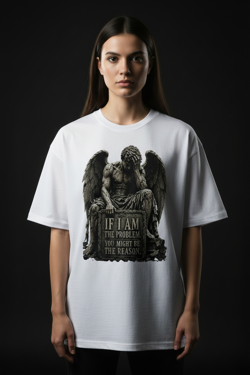 Gothic Angel Statue Tee — "If I Am The Problem You Might Be The Reason" Oversized Boxy T-Shirt