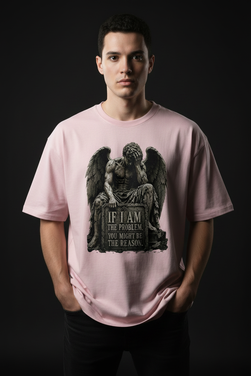 Gothic Angel Statue Tee — "If I Am The Problem You Might Be The Reason" Oversized Boxy T-Shirt