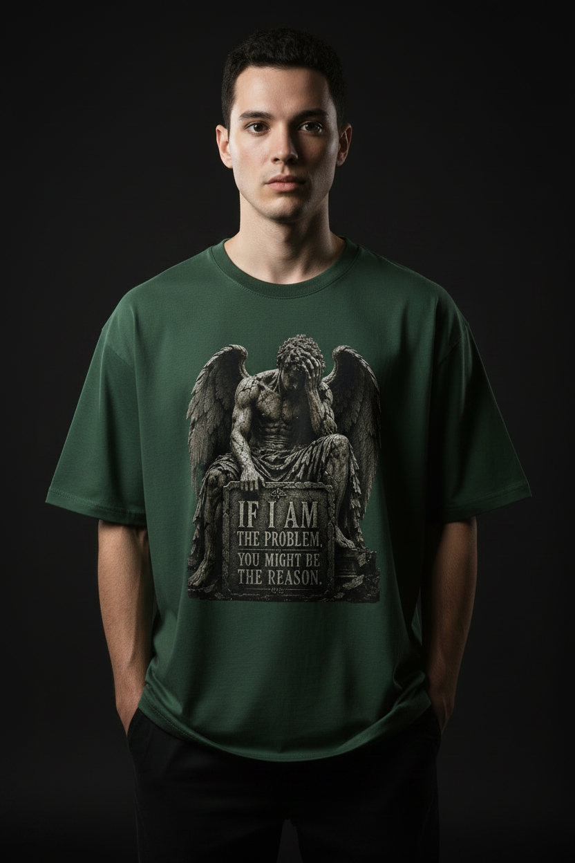 Gothic Angel Statue Tee — "If I Am The Problem You Might Be The Reason" Oversized Boxy T-Shirt