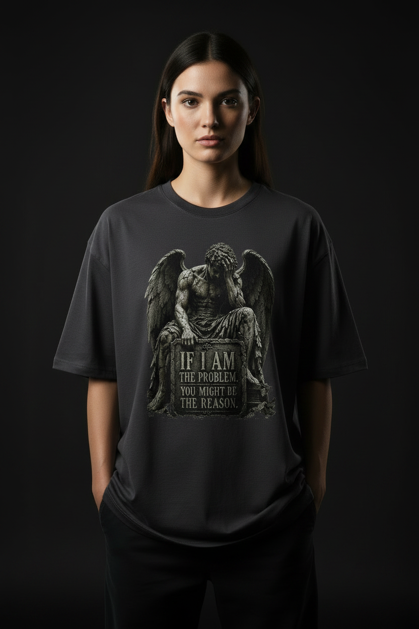 Gothic Angel Statue Tee — "If I Am The Problem You Might Be The Reason" Oversized Boxy T-Shirt