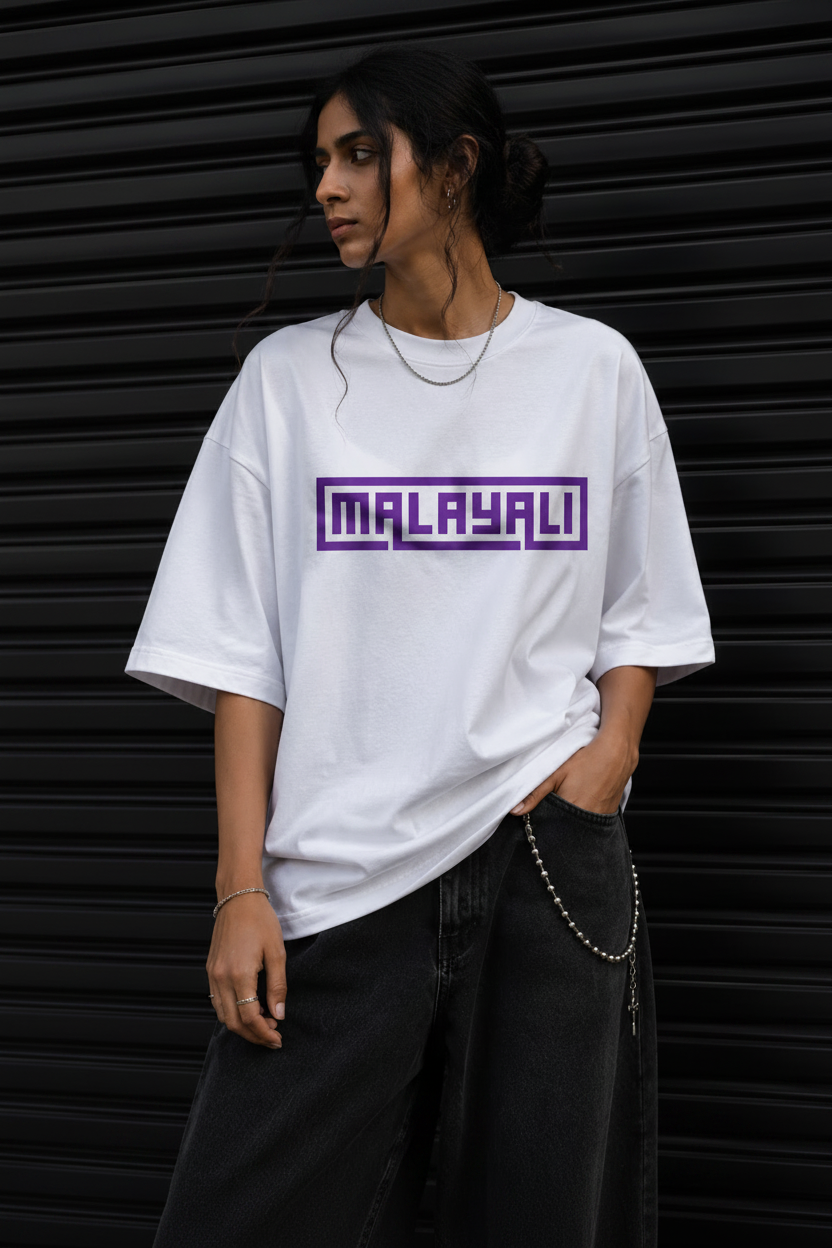 Malayali Graphic Tee — Retro Purple Box Logo T-Shirt